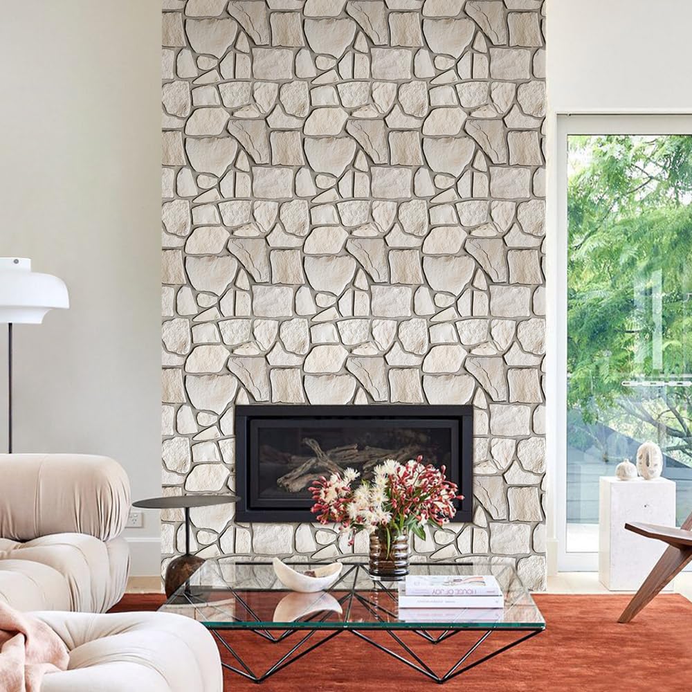 COMSTICKC 3D Faux Stone Wall Sticker Peel and Stick Wall Panels, 10 Pcs of 12"X12", Not Real Stone Ultra-Light Thin PVC Rock Adhesive Fake Stone Wall Covering Wallpaper Indoor Wall Decor, Beige