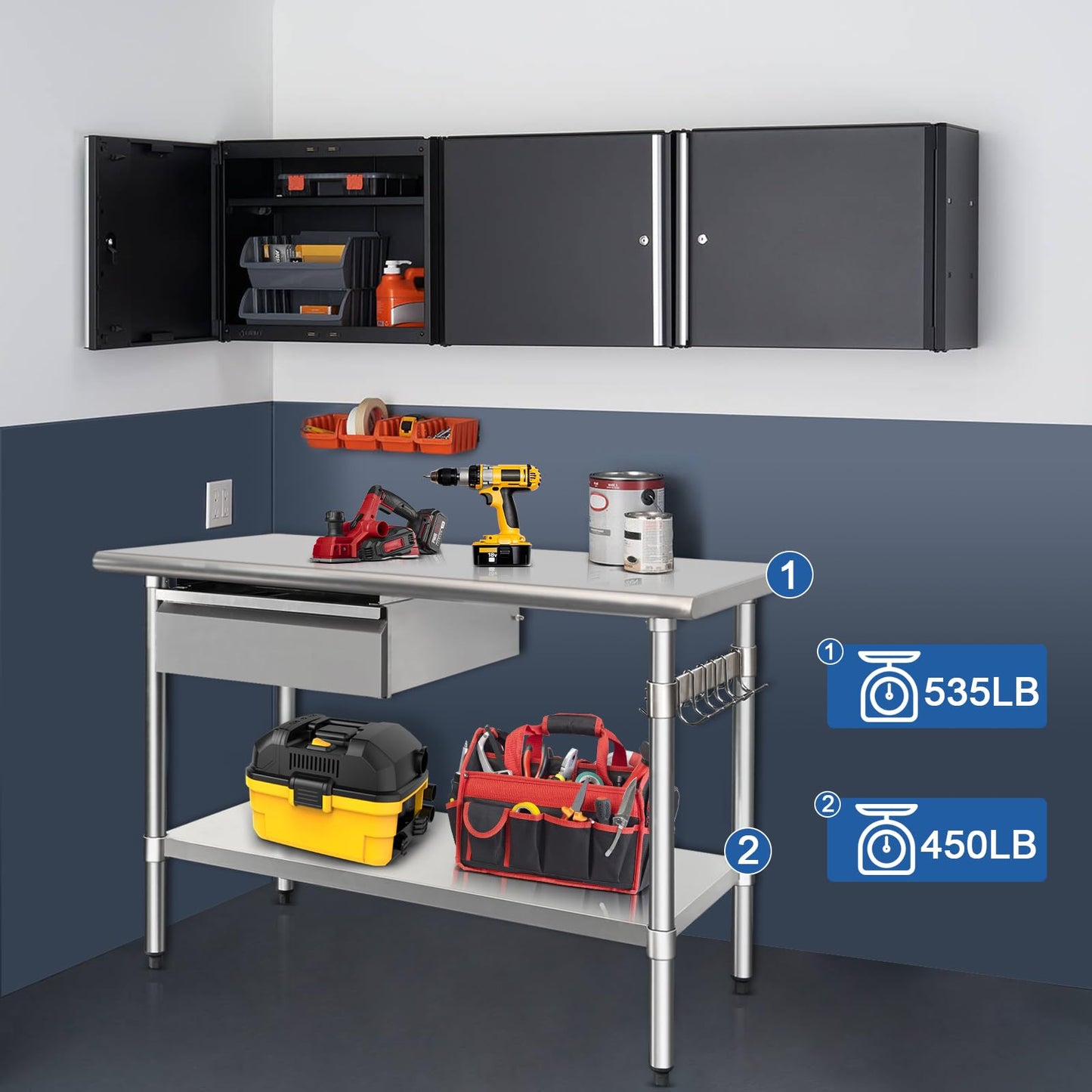 HARDURA Stainless Steel Prep Table with Drawer 24" x 48" NSF Heavy Duty Bench with Undershelf, Hook and Galvanized Legs for Commercial Food Prep