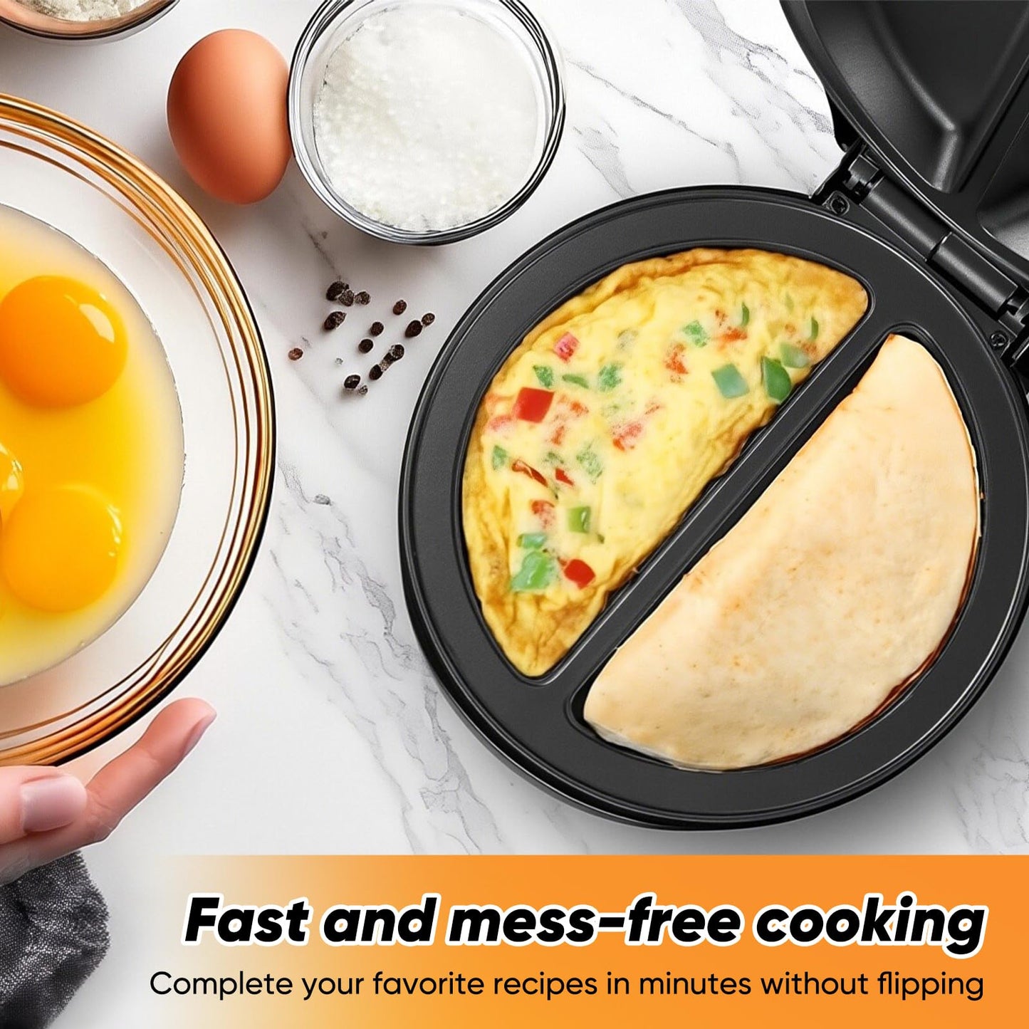 SakerPlus Dual-Zone Electric Omelette Maker, 1000W Rapid Double-Sided Egg Cooker with Non-Stick Plates,Compact Breakfast Maker for 2 Omelettes Simultaneously, Cool-Touch Handle for Home,Dorm&Travel