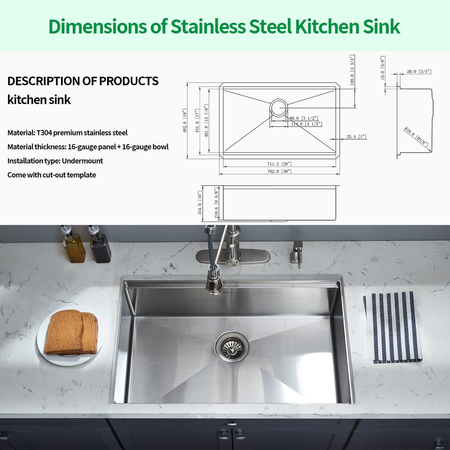 EcoChannels Undermount Kitchen Sink, 30 x 19 Inch Sink Kitchen 16 Gauge Stainless Steel Kitchen Sinks Single Bowl Workstation Sink with Cutting Board