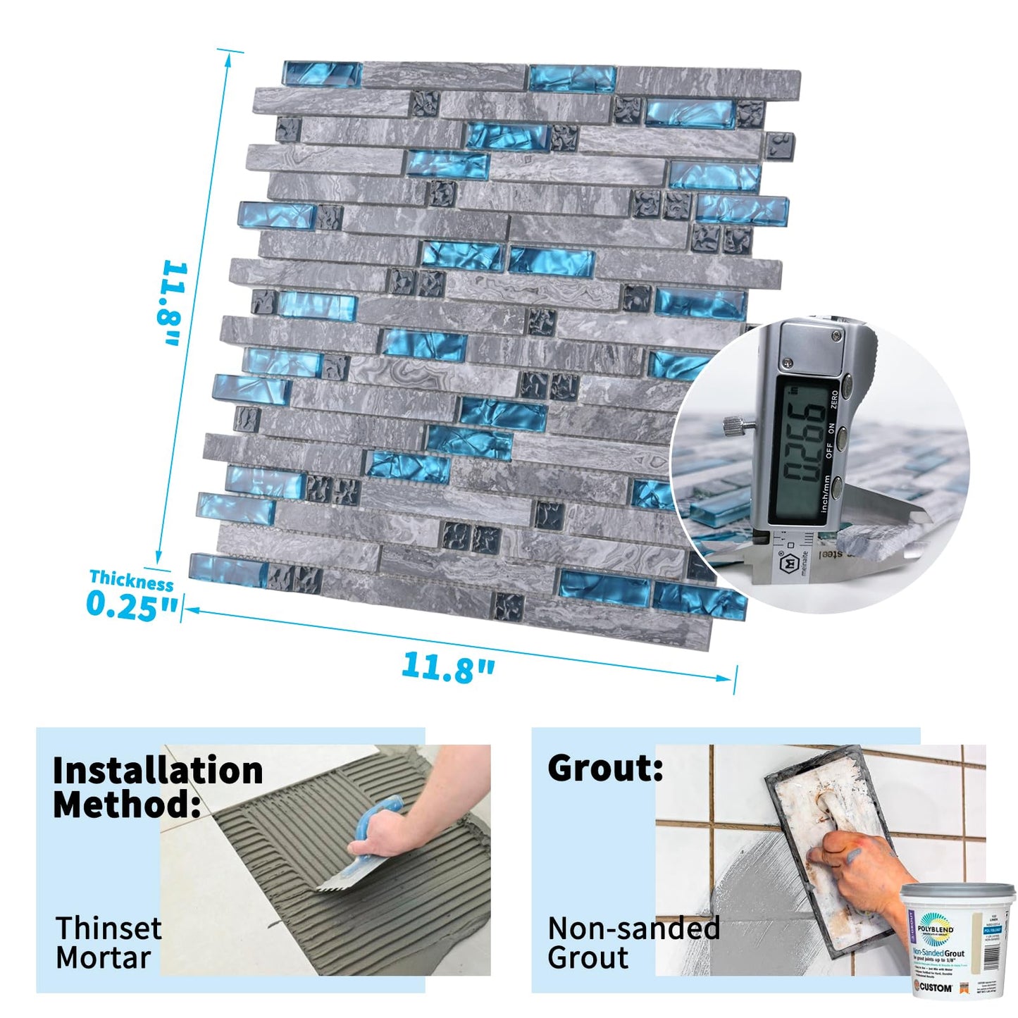 Art3d Grout Decorative Tile, Blue/Gray, Glass, for Kitchen Backsplash or Bathroom Backsplash (5 Pack)