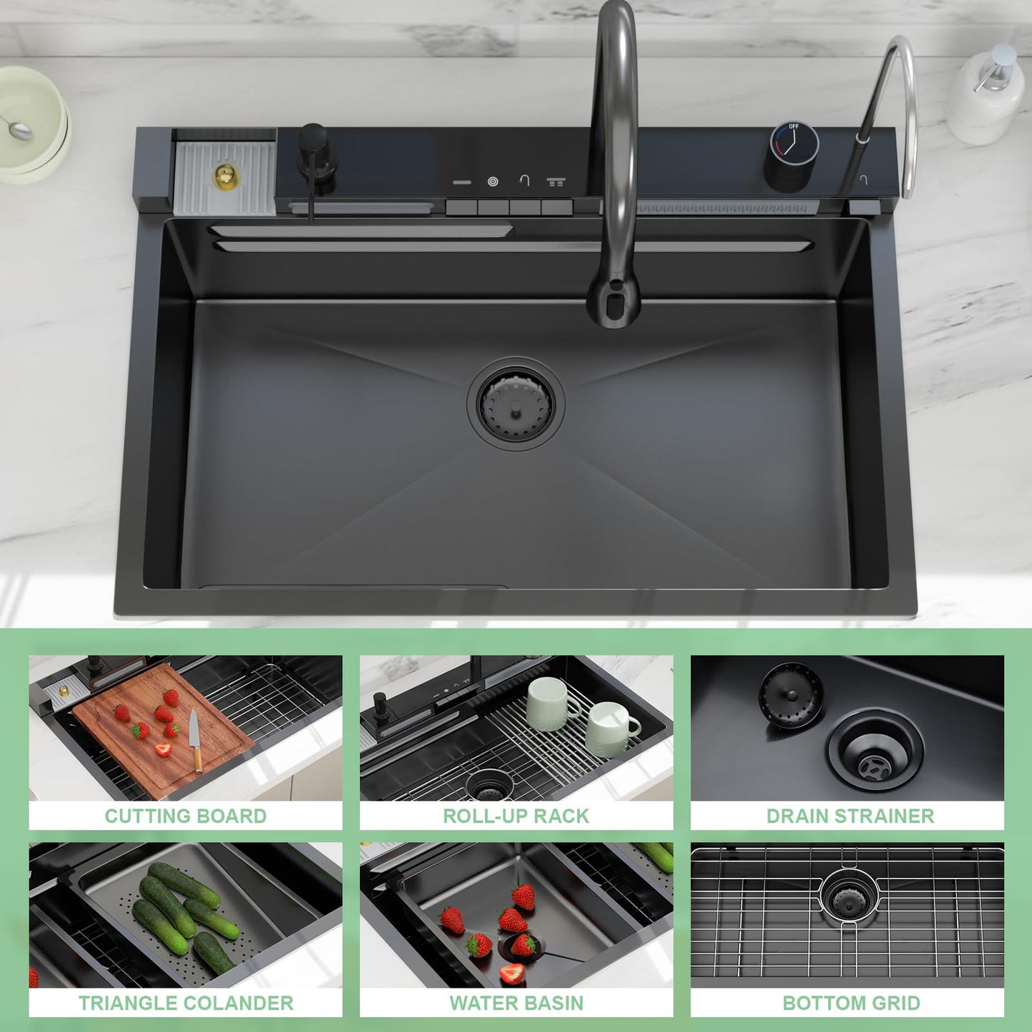 30 Inch Waterfall Kitchen Sink - Beslend 30x19 Drop In Waterfall Sink Nano Black Workstation Smart Sinks 16 Gauge Stainless Steel Single Bowl Black Basin with Faucet Combo