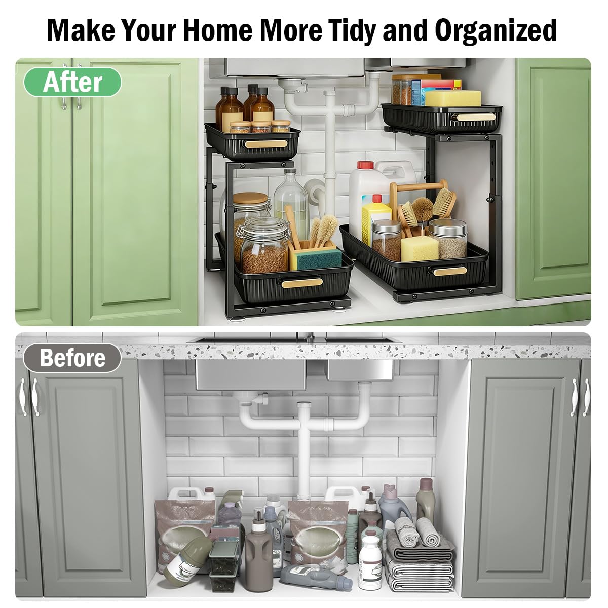 ARSTPEOE Under Sink Organizer - 2 Packs Multi-Purpose Pull-Out Storage Organizers, Slide out Pull out Metal Cabinet Organizer Shelf, Storage for Kitchen Bathroom, Black