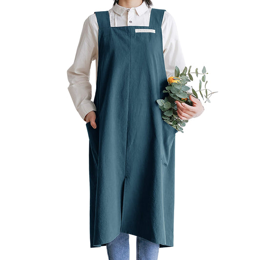 HANEE Cotton Aprons for Women Men | Cross-Back Apron with Pockets (Deep Teal)