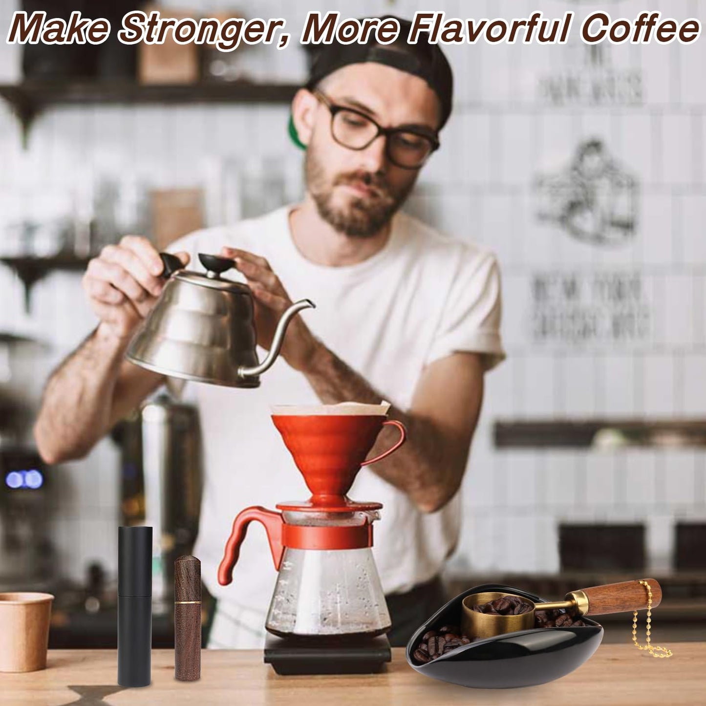 FWUNYVN 4Pcs Coffee Bean Dosing Cup, Spray Bottle, Spoon and Stirrer Tool Set, Coffee Bar Accessories Ceramic Espresso Dosing Funnel Spray Bottle for Reducing Coffee Static, Coffee Lover Gift (Black)