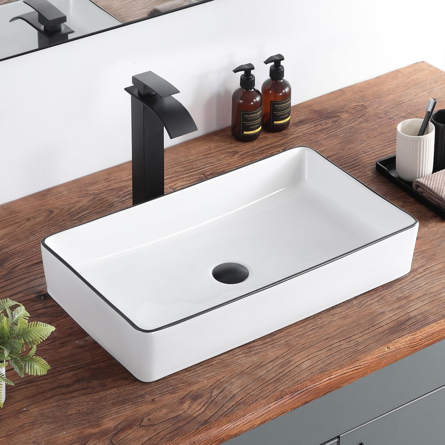 KDKSC Vessel Sink 24"x14" Rectangular Bathroom Sink White with Black Trim Porcelain Ceramic Modern Above Counter Vanity Sinks