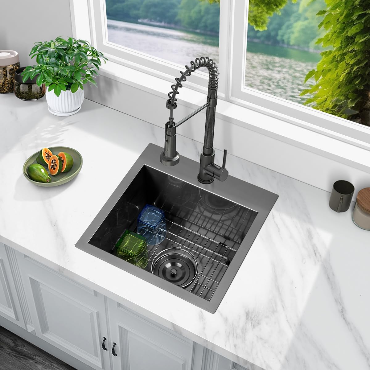 FRANIC 15" Handmade Black Bar Workstation Sink, 15" x 15" x 9" Stainless Steel Matte Nano Black Topmount Single Bowl Small Kitchen Outdoor Sink