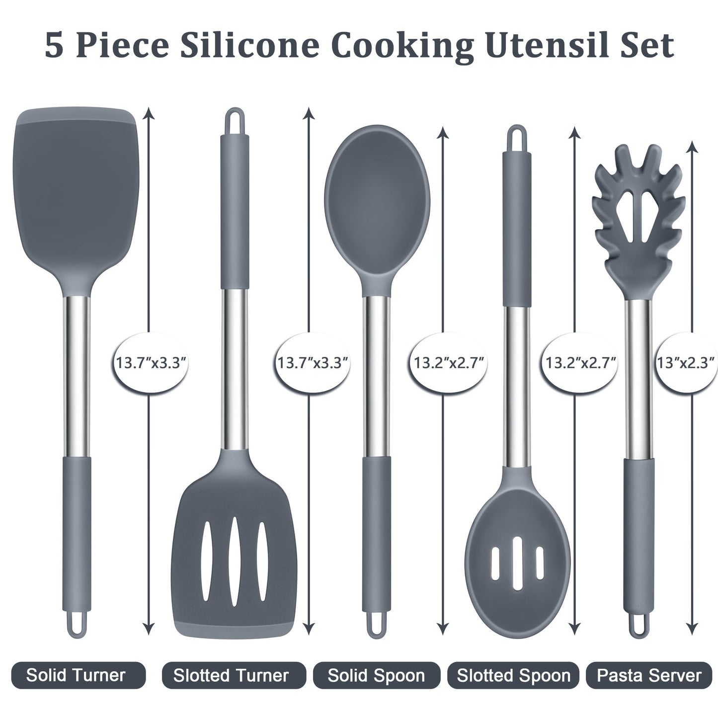 TeamFar Silicone Cooking Utensils Set, 5 PCS Heat-Proof Kitchen Utensils with Stainless Steel Handle, Turner/Spoon/Pasta Server for Nonstick Cookware Frying Flipping Draining, Light Grey
