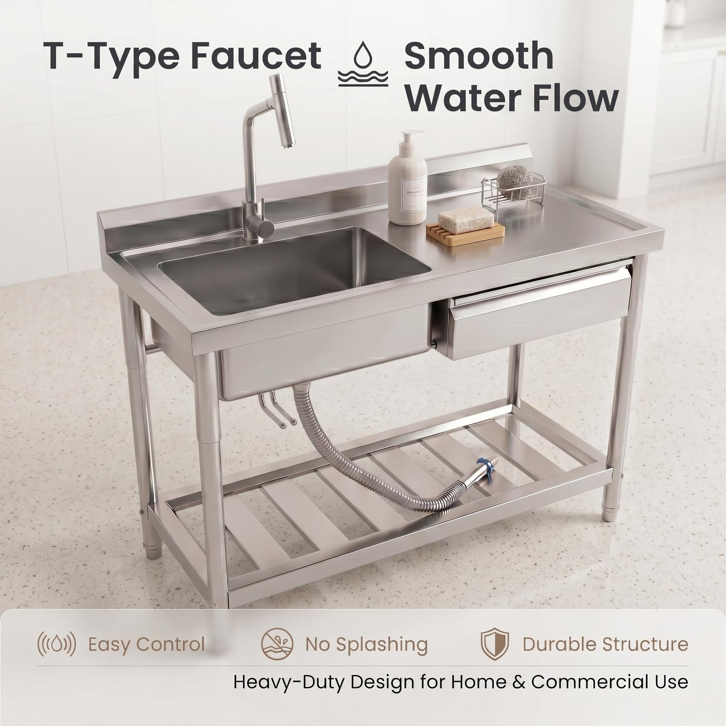 Freestanding Utility Sink 47" x 20" x 37", Left Side Single Bowl with Right Side Countertop and Storage Drawer, Stainless Steel Laundry Sink with T Shape Faucet, Workbench for Garage or Laundry Room