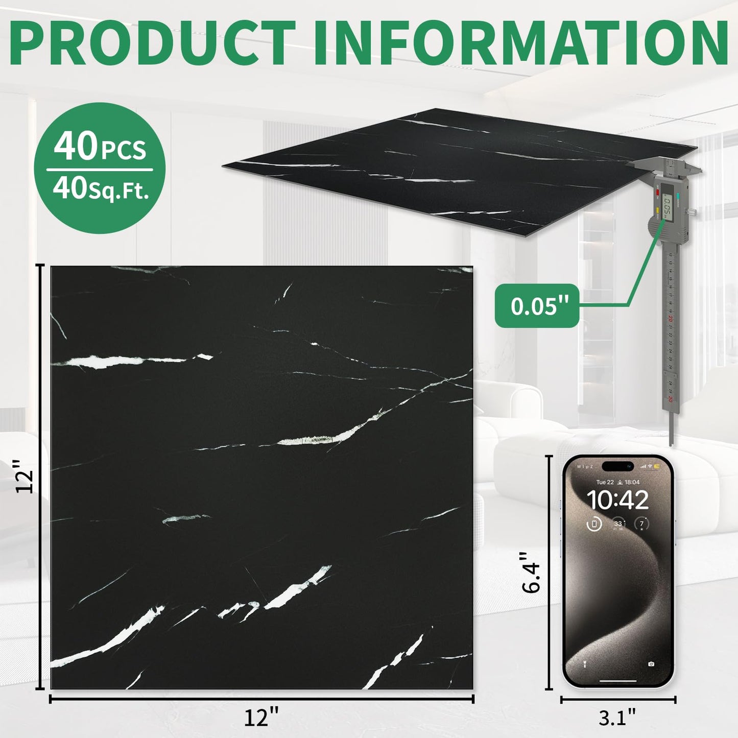 40-Pack Peel and Stick Floor Tiles Vinyl Floor 12 x 12 inch Self Adhesive Waterproof Flooring Planks DIY for Bathroom, Kitchen, Living Room, RV, Cover 40 Sq. Ft, Black Vein Marble