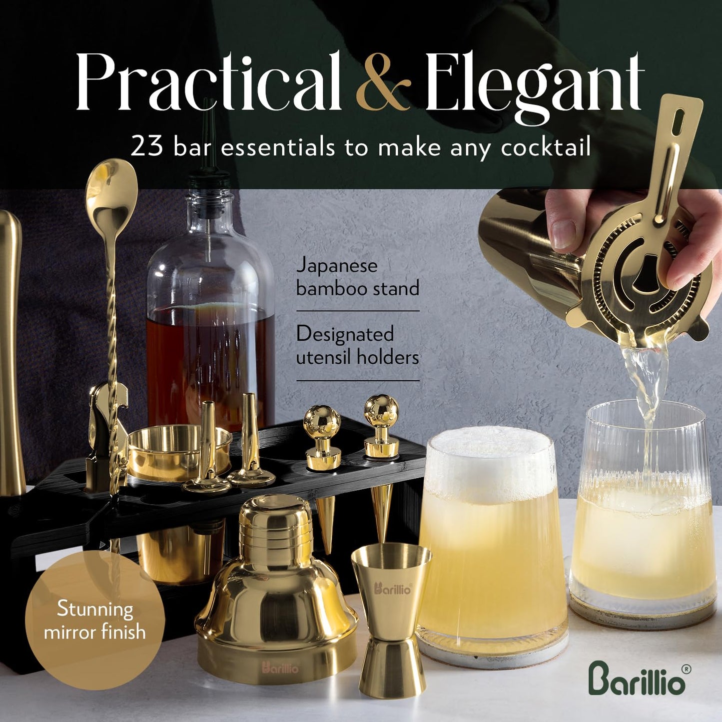 Barillio Gold Bartender Kit - Stainless-Steel Cocktail Shaker Set w/Black Bamboo Stand - Mixology Bar Tools w/Drink Shaker, Mixer, and Muddler for Cocktails - Home Bar Accessories - 23-Pc Bar Set