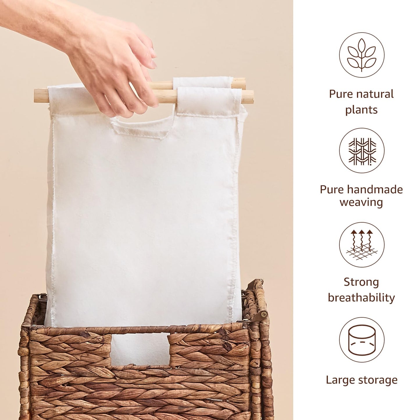 LGENHOOM Natural Hyacinth Laundry Hamper with Lid, Handwoven Heightened Feet Laundry Basket, Wicker Clothes Hamper with Removable Liner Bag for Clothes and Towels (Espresso, 90L)