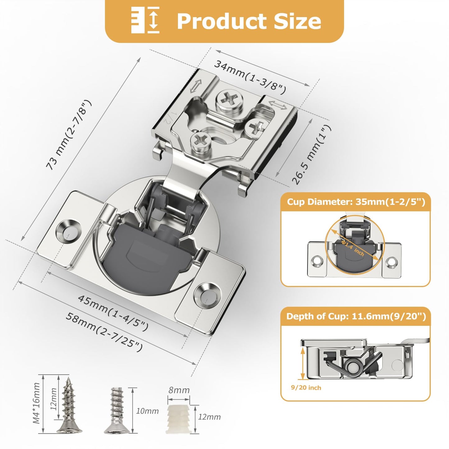Furniware 50 Pieces 1/2 inch Overlay Soft Close Cabinet Hinges for Face Frame Cabinet, Stainless Steel, 105° Opening Angle, Concealed Self Closing Door Hinges- 3 Way Adjustment
