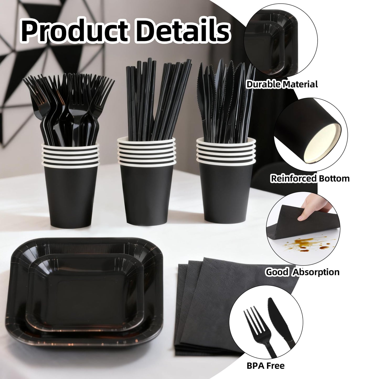 Oeeuyasn 129 PCS Black Disposable Dinnerware Set for 16 People, Party Supplies with 7"/9"Paper Plates, Cups, Napkins, Plastic Forks, Knives,Tablecloth for Wedding Birthday, Graduation, Festivals