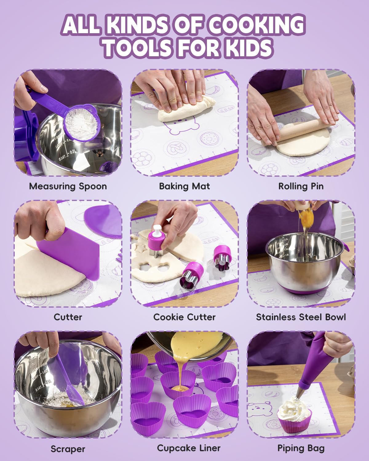 Kids Baking Set–Real Cooking Set for Kids with Kids Cooking Utensils & Kitchen Accessories, Measuring Tools & Baking Supplies,Great Gift for Pretend Play & Montessori Learning (Purple)