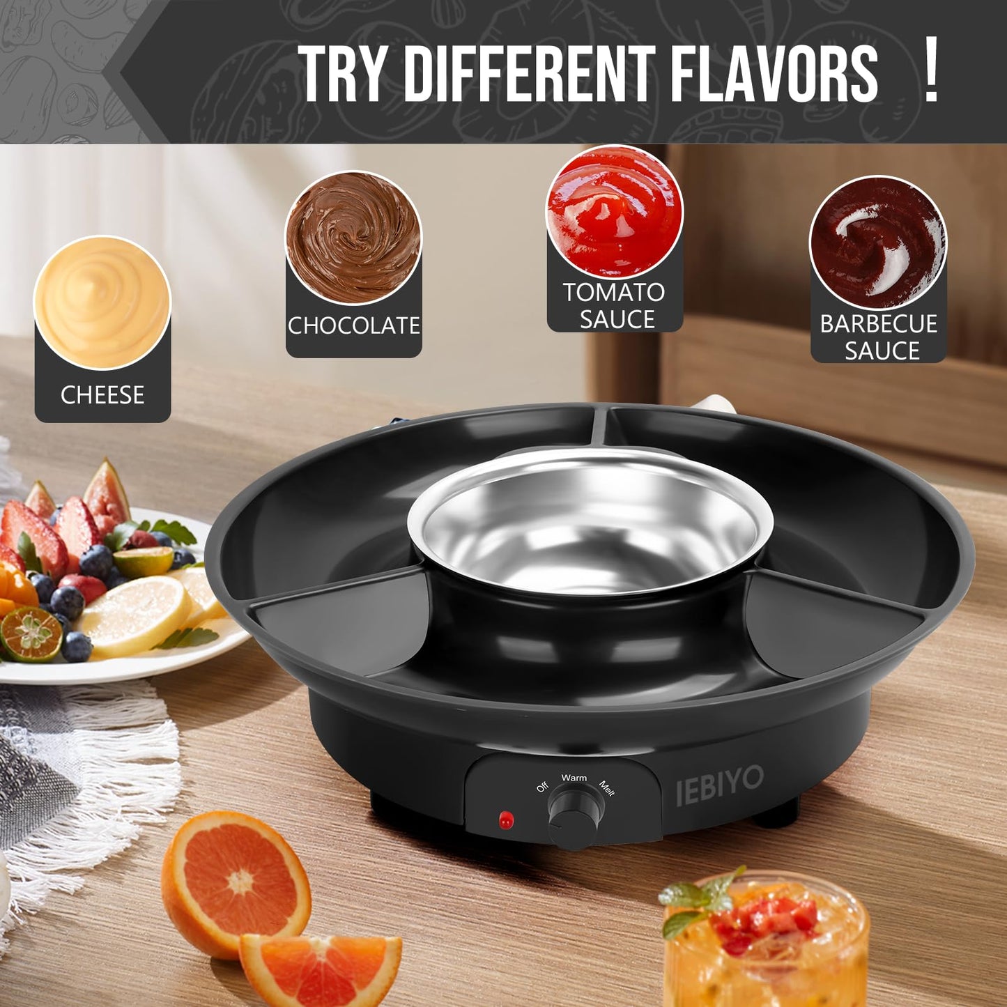 IEBIYO Chocolate Melting Pot Electric Chocolate Fondue Pot Set 3-Section Food Trays with 6pcs Dipping Forks Perfect for Chocolate Cheese Dessert Housewarming Christmas Party Gifts (Black)