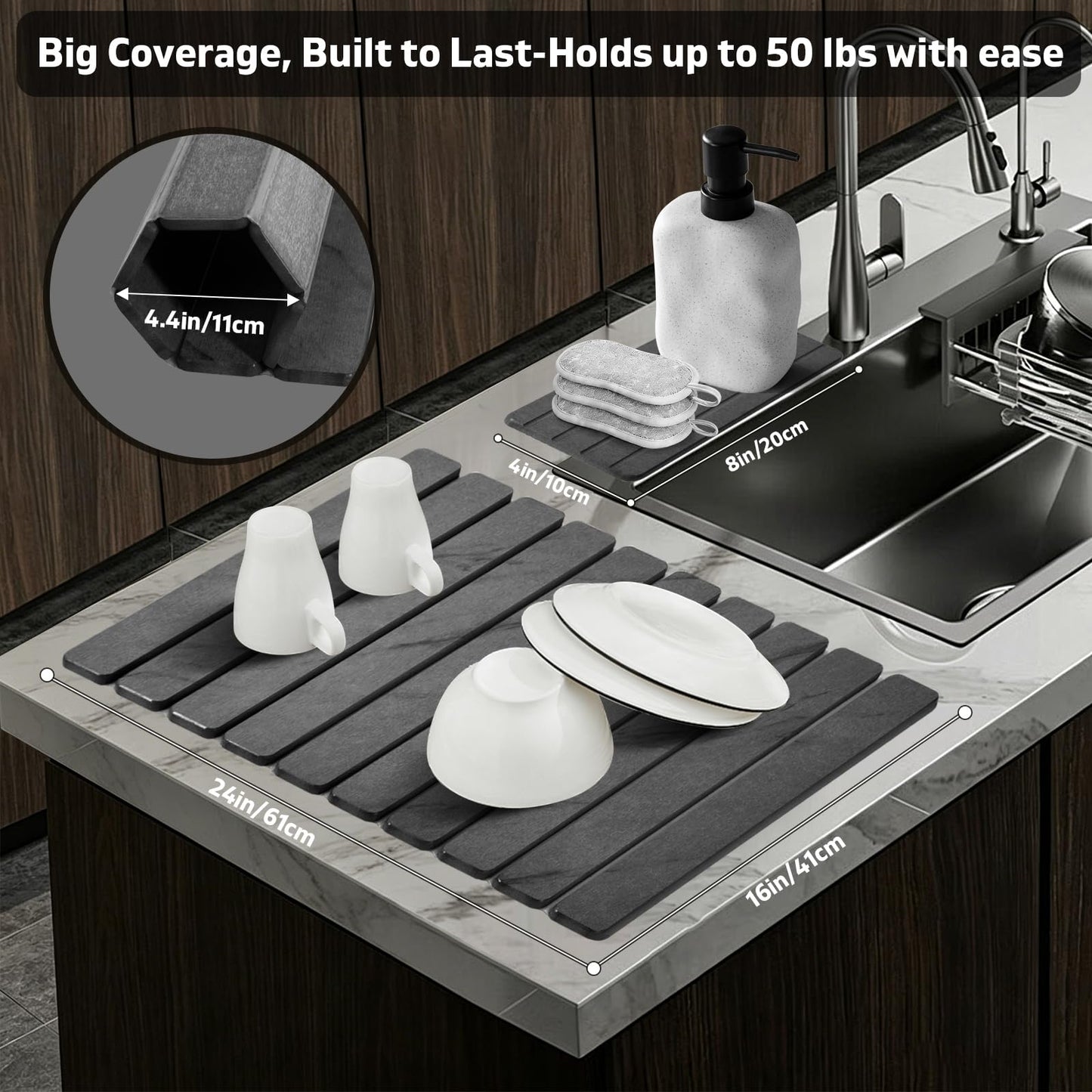 Large Stone Dish Drying Mat for Kitchen Counter, Quick Dry Dish Drying Mats, Foldable Absorbent Diatomaceous Earth Mats for Dishes Bottles Cup, Match Any Countertop (Gray Marble 24"×16" & 8"x4")