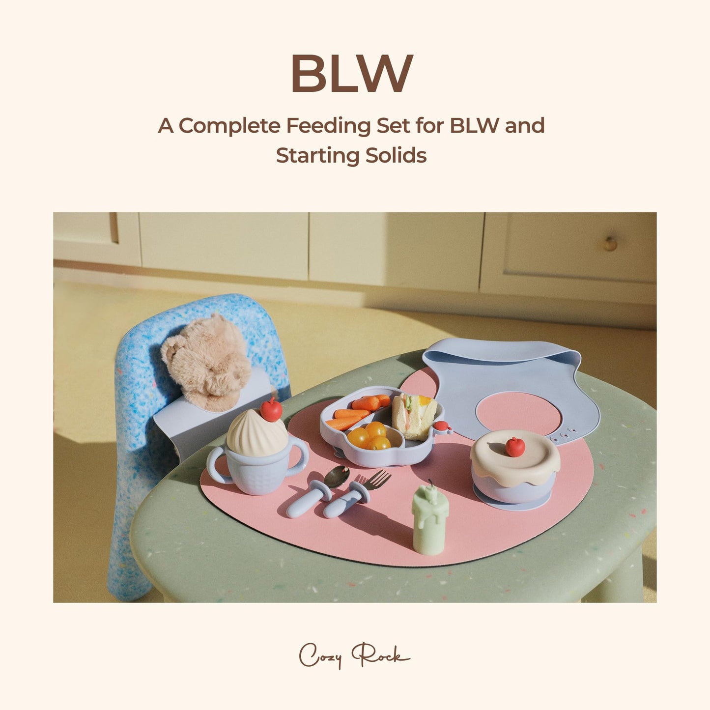 COZY ROCK Silicone Baby Feeding Set, Gelato Collection Baby Led Weaning Supplies, First Self-Feeding Ice Cream Set, Silicone Suction Bowl with Cherry Lid & Plate, Straw Cup & Bib, Fork & Spoon