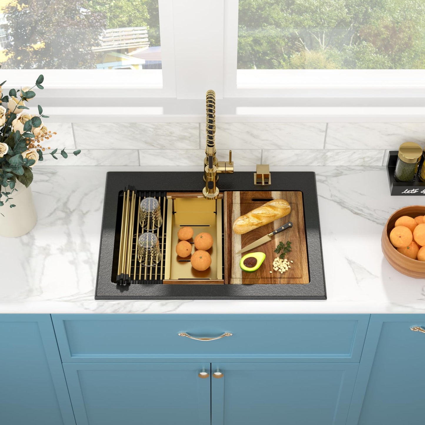 Sarlai 30 Granite Composite Black Kitchen Sink - 30"x22" Drop In Kitchen Sink Ledge Workstation Black Granite Quartz Composite Top-Mount Single Bowl Sinks Basin with Gold Accessories