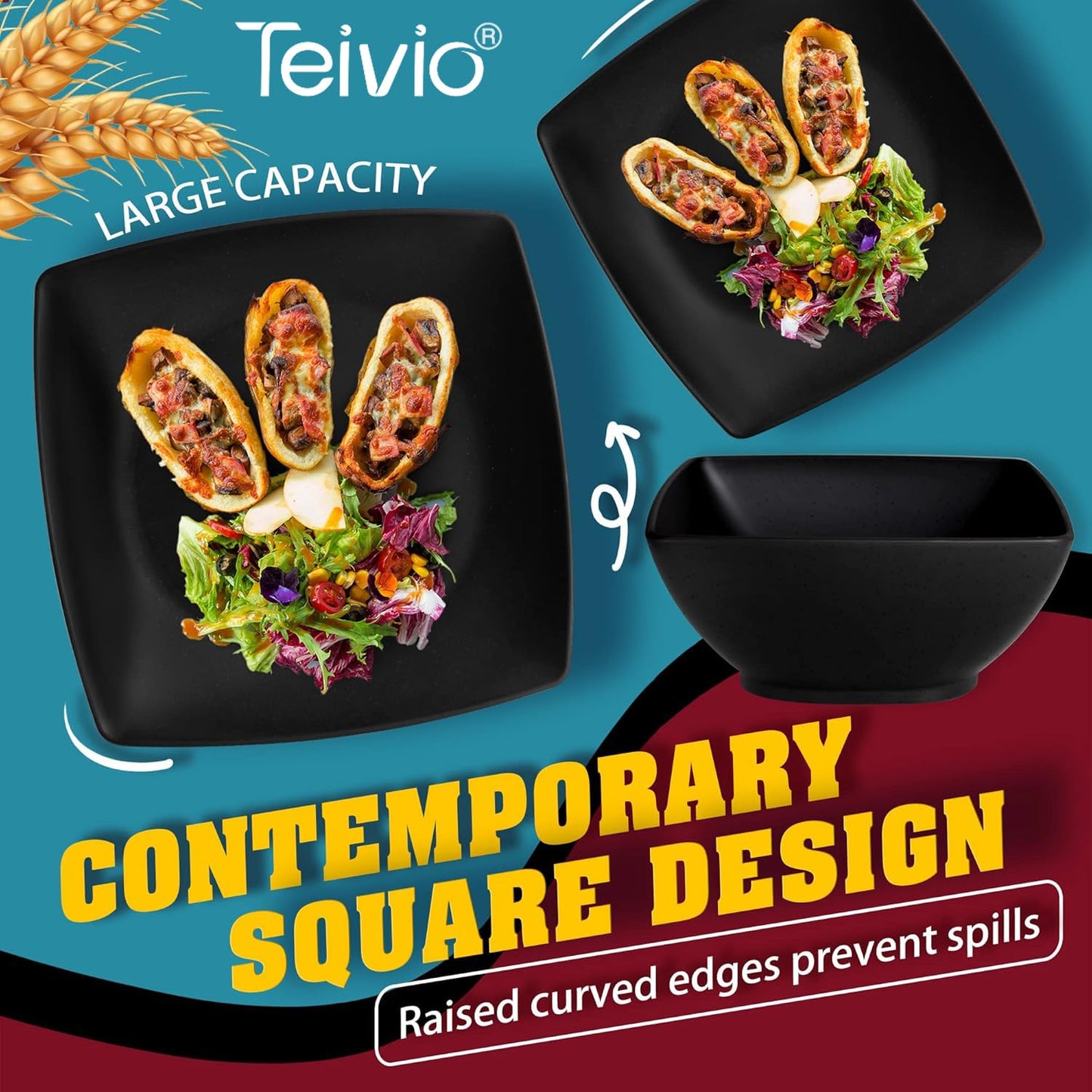 Teivio 32-piece Plastic Wheat Straw Square Dinnerware Set for 8, Unbreakable Dinner Plates, Salad Plates, Snack Bowls, Tumblers, Dishwasher Safe, Outdoor Kitchen Dinning RV Essentials Dish, Black