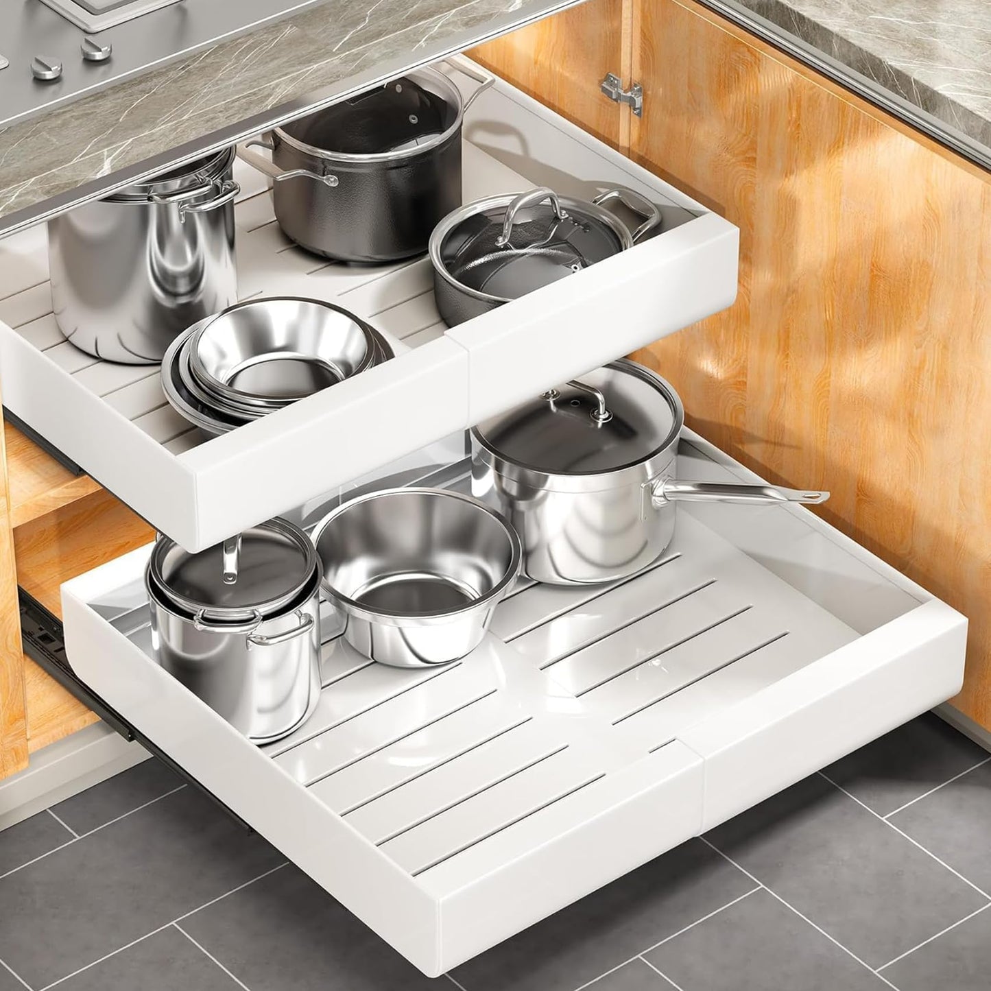 Pull out Cabinet Organizer, 2-pack, Expandable(12"-20") Heavy Duty Slide out Drawers Fixed with Adhesive Nano Film for Pots, Roll out Shelf Storage for Kitchen Base Cabinet Organization(3 Rails)