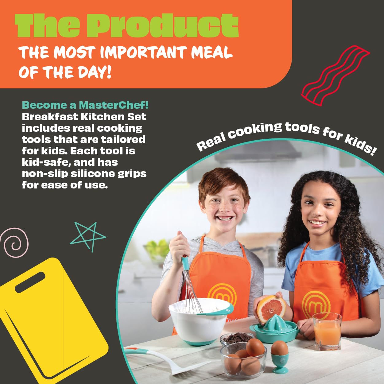 MasterChef Junior Breakfast Cooking Set- 6 Pc Kit w Real Cooking Tools for Kids & Recipes- Includes Spatula, Mixing Bowl, Whisk, Egg Cup, Juicer- Make Pancakes, Crepes & More- Fun Breakfast Essentials