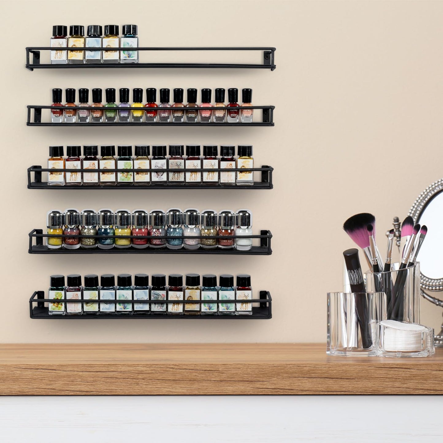 MyGift 16 Inch Wall Mounted Black Metal Nail Polish and Essential Oil Display Shelves, Kitchen Hanging Racks for Seasoning Shakers or Spice Jars, Set of 5
