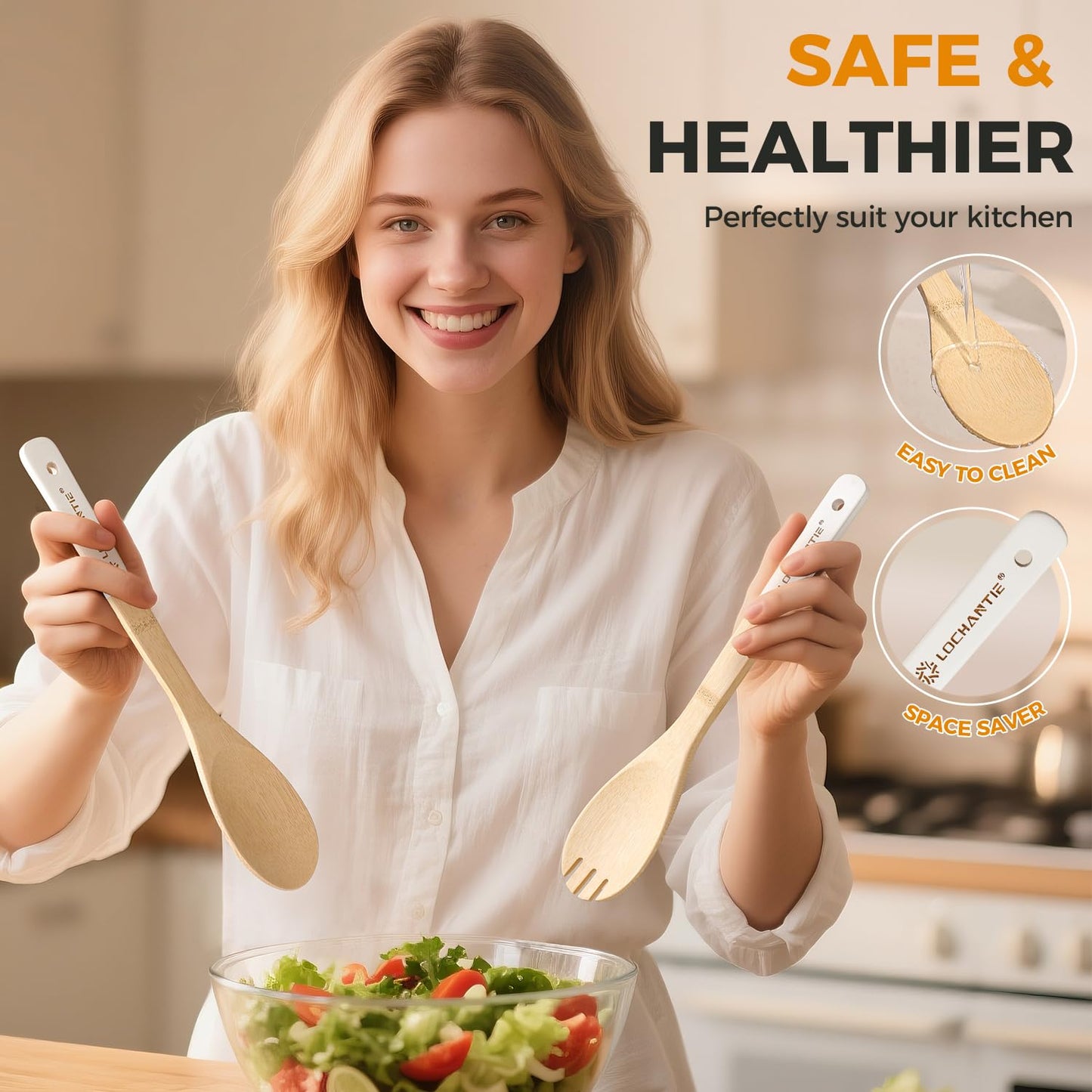 Wooden Spoons for Cooking Bamboo Utensils Set (6 Pieces) - Essential Tools Wooden Spatula & Spoons for Everyday Stirring, Mixing, Flipping & Serving, Gentle on Nonstick Cookware, White