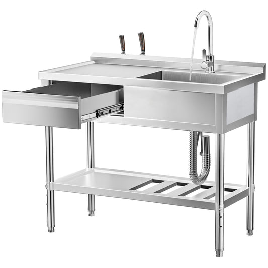 304 Stainless Steel Sink, Free-Standing Commercial Sink with Workbench, Drawer Storage & Hot/Cold Water Pipes for Laundry, Farmhouse & Outdoor Use