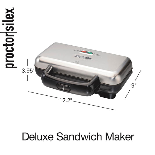 Proctor Silex Deluxe Hot Sandwich Maker With Easy-Clean Durable PFAS-Free Nonstick Ceramic Plates, Fits up to 2 Grilled Cheese, Ruebens, Tortas or Subs, Stainless Steel (25415MN)
