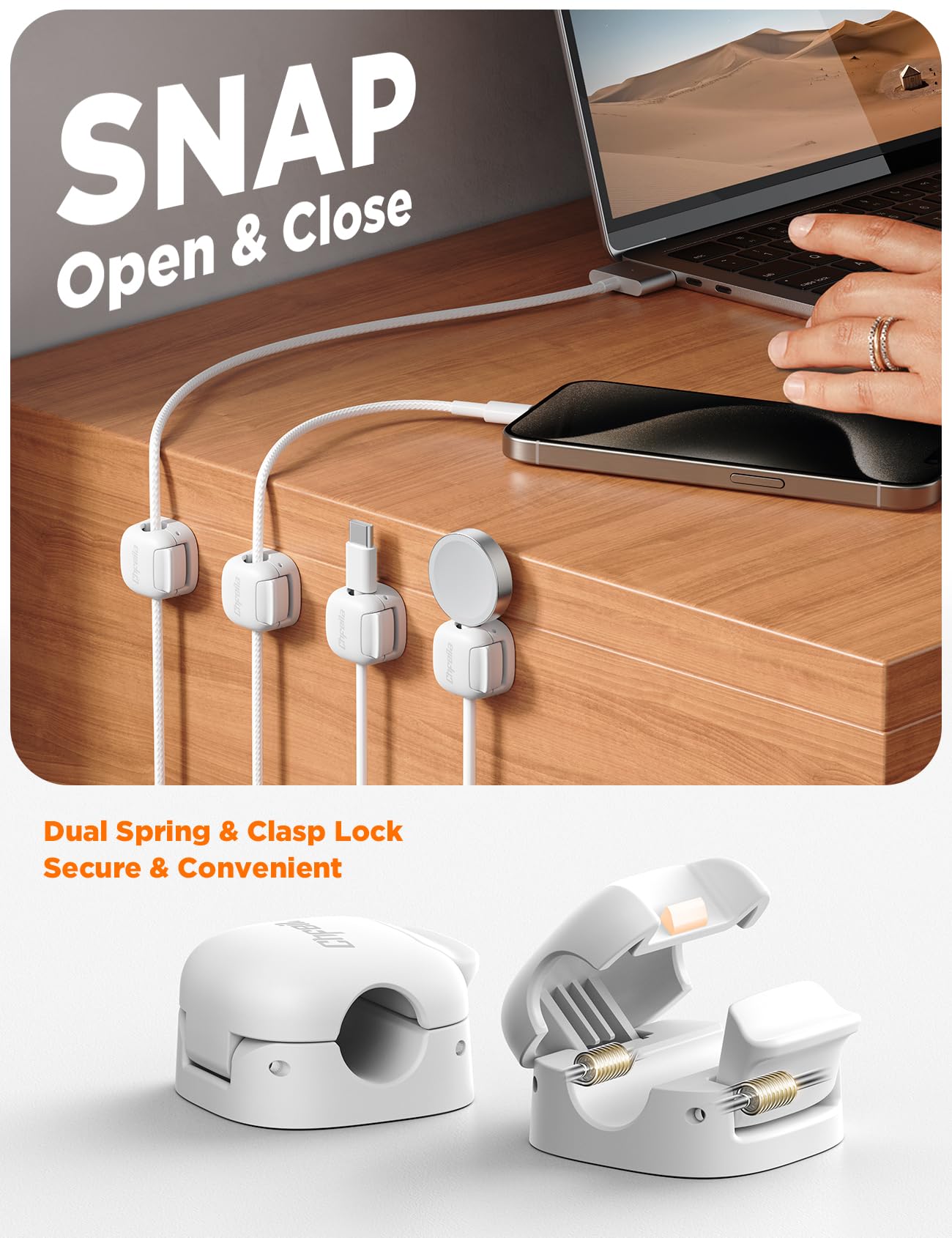 6Pack Cord Organizer, Chfeila Compact Dual Spring & Clasp Lock Cable Management Clips, Adhesive Phone Charger Keeper, Wire Holder for Nightstand/Wall/Car, Home Office Desk Accessories Decor Essentials