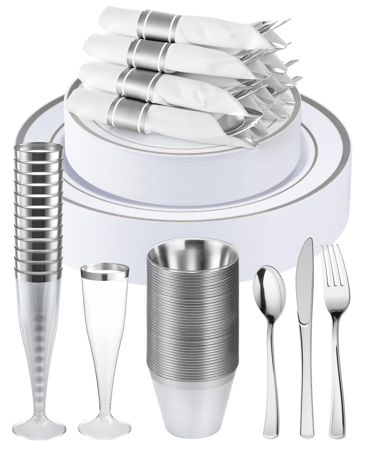 Goodluck 320 PCS Silver Disposable Plastic Dinnerware Set for 40 Guests, Include 40 Dinner Plates, 40 Dessert Plates, 40 Napkins with Silverware, 40 Cups, 40 Champagne Glasses, for Christmas, Wedding
