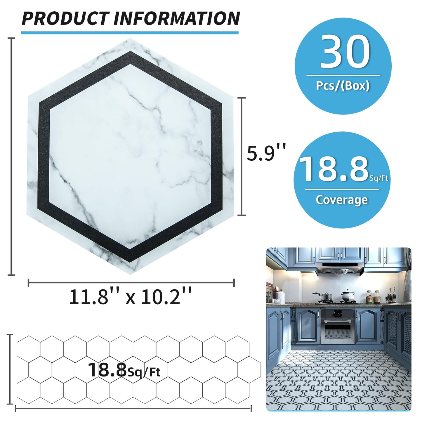 Art3d 30-Pack Hexagon Peel and Stick Flooring Tile Marble Look, Self Adhesive Waterproof Vinyl Floor Tile for Kitchen Bathroom Living Room Bedroom, 11.8" x 10.2" White Marble