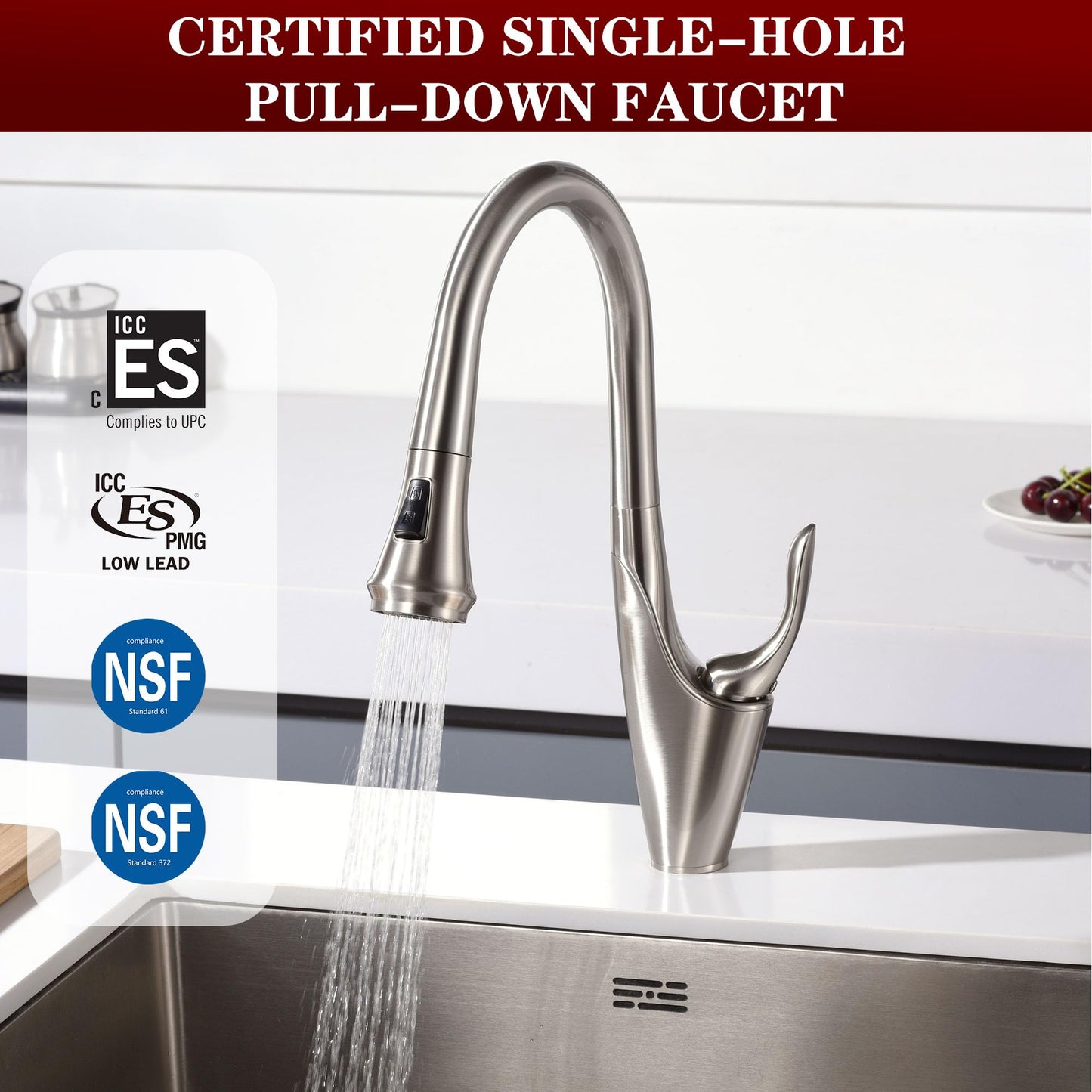 sumerain Brushed Nickel Single Handle Pull Out Kitchen Faucet, Stainless Steel 1 Hole Kitchen Sink Faucet with Pull Down Sprayer