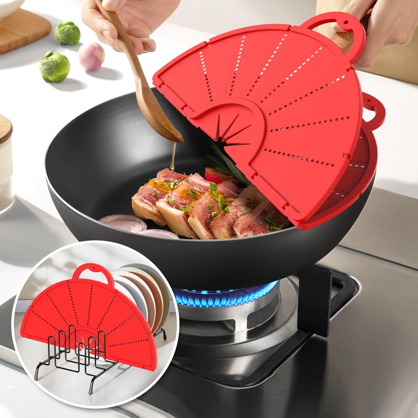 Silicone Splatter Screen for Frying Pan, Foldable Splash Guard, Multi-Use Grease Splatter Guard,Heat-Resistant Trivet Mat, 12" Non-Stick Oil Splatter Guard, Dishwasher Safe, BPA Free-red