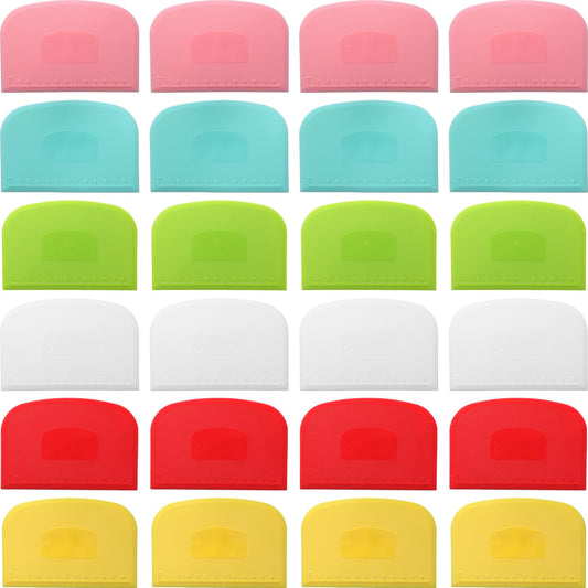 Uiifan 24 Pcs Plastic Bench Scraper with Scale Flexible Dough Multipurpose Cake Cutter Pizza Dough Spatula Food Scraper Tool Gift for Bread Pastry Fondant Icing, 6 Colors