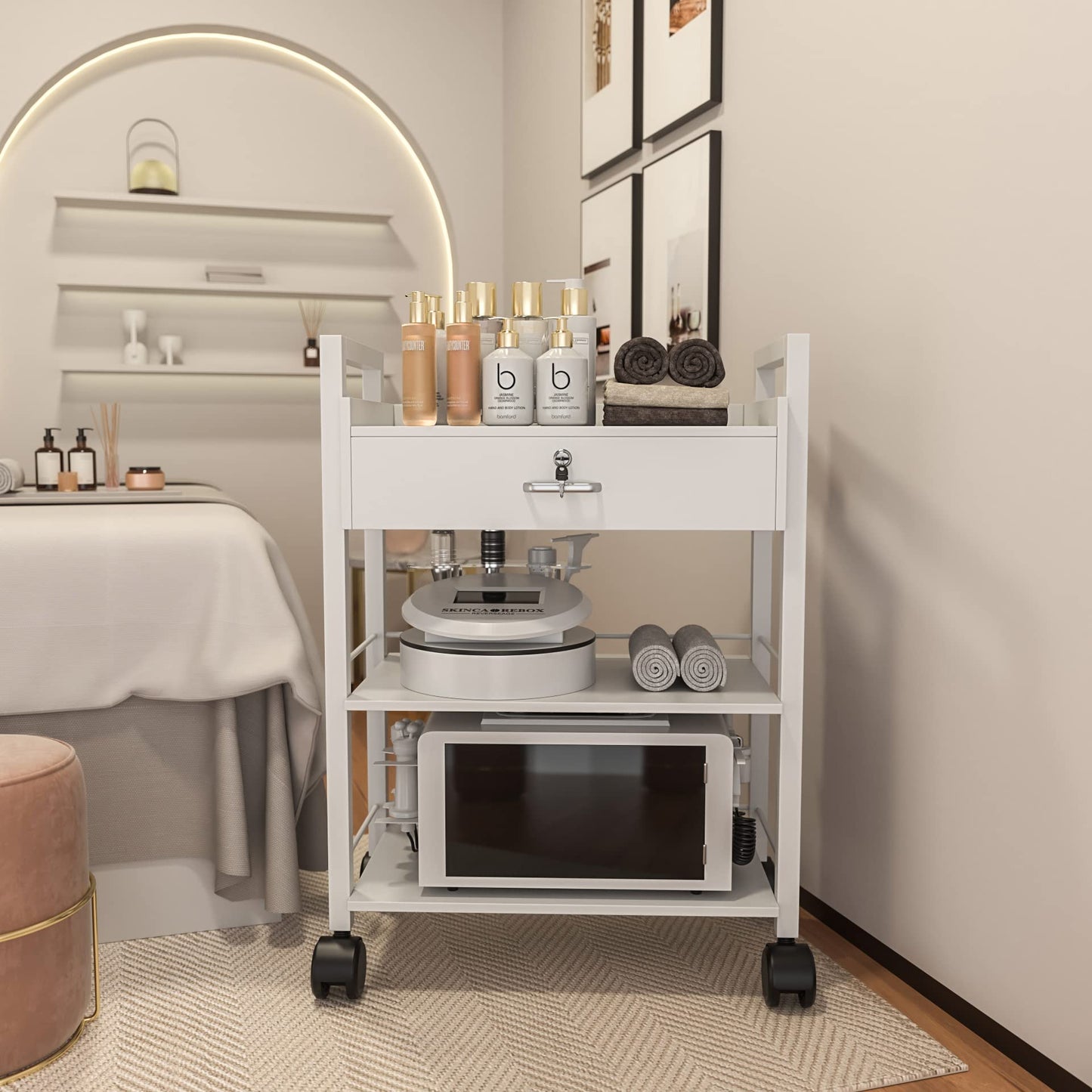 Paddie Salon Trolley Cart, Wooden Mobile Utility Cabinet Lab Cart with 1 Drawer 2 Trays, Rolling Storage Station Beauty Salon Rolling Trolley for Beauty Spa (White)