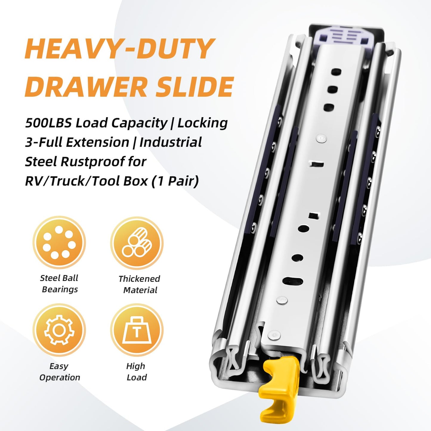 VAGUDE with Lock Heavy Duty Drawer Slides 12 14 16 18 20 22 24 26 28 30 32 34 36 40 44 48 52 56 60 Inch 500 Lbs Side Mount Full Extension Ball Bearing Rails Rail Tool Box Runner-W:76mm, 12 Inch