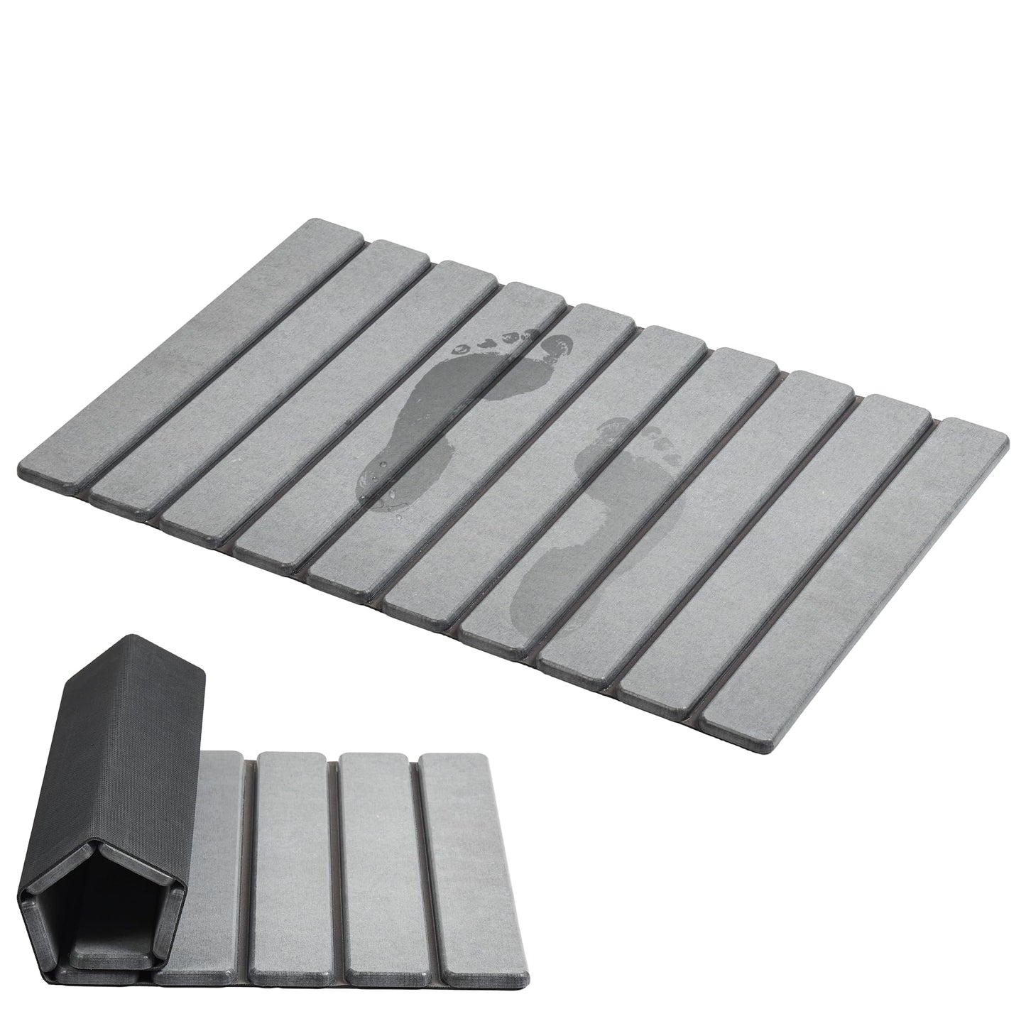 AWW Foldable Stone Bath Mat, Super Absorbent Diatomaceous Earth Mats, Non-Slip 23.6 x 15.5 Inch Quick Drying Mat, Compact and Easy to Store Bath Mats for Bathroom, Easy to Clean, Grey