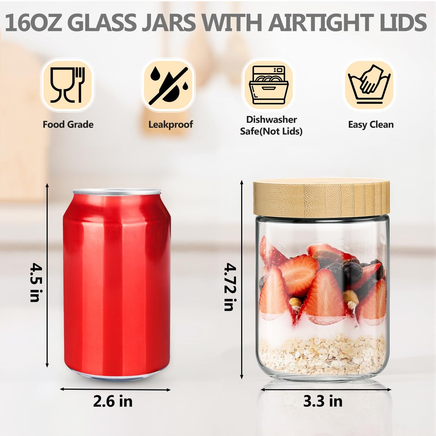 TBWIND 12 Pack 16oz Glass Jars with Bamboo Lids, Spoons, Airtight Overnight Oats Containers, Salad& Yogurt Storage, Mason Jars for Snacks, Spices, Meal Prep – Reusable
