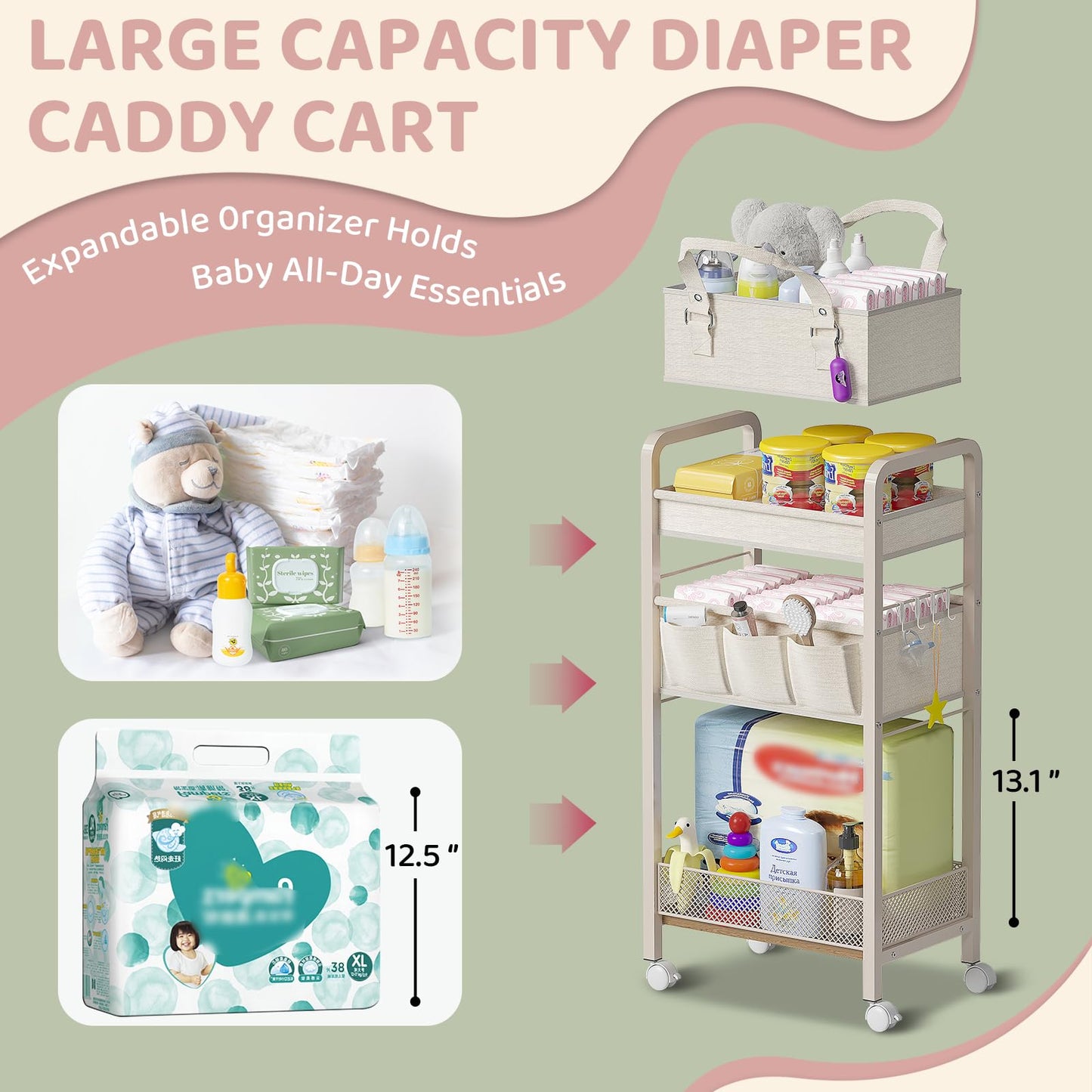JRANBRJS Baby Diaper Caddy Organizer and Storage,2In1 Baby Cart Organizer-Baby Diaper Caddy+3 Tier Rolling Cart for Baby Nursery,Baby Bedside Cart,Easy Assembly,Beige