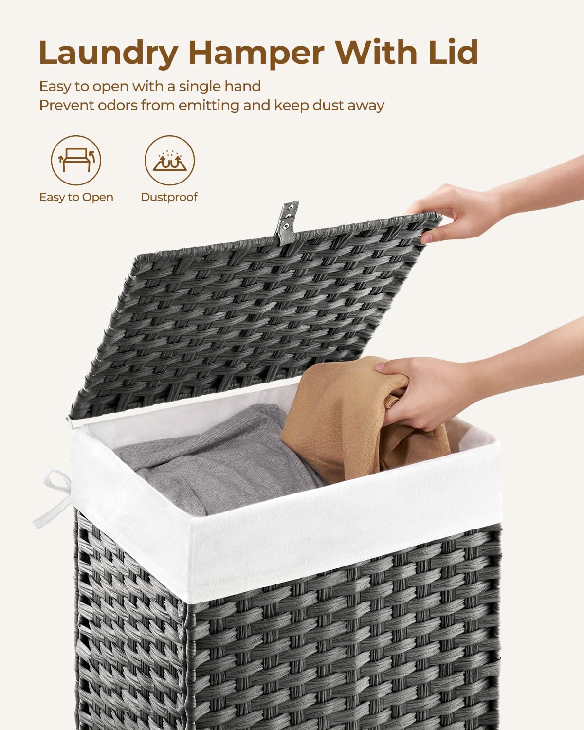 Greenstell Laundry Hamper with Lid, 90L Clothes Hamper with 2 Removable Liner Bags & 2 Mesh Laundry Bags, Handwoven Synthetic Rattan Laundry Basket for Clothes, Toys in Bathroom, Bedroom Grey