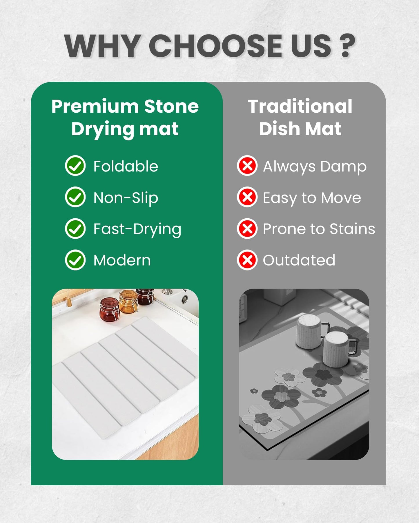 WBahatii Stone Drying Mat for Kitchen Counter, 16"×12" Heat-resistant Mat, Collapsible and Super Absorbent Dish Drying Stone Mat, Diatomaceous Earth Mats for Dishes Bottles Cups, White