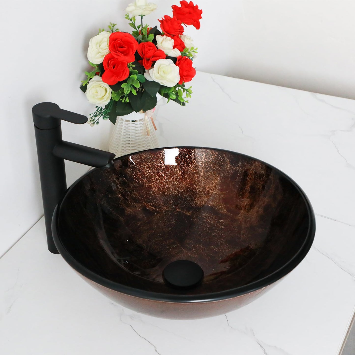 Lofeyo 17'' Brown Glass Vessel Sink with Faucet and Drain Combo 17 in Small Oval Bowl Above Counter top Bathroom Vanity Sink, Modern Artistic 5" Deep Basin
