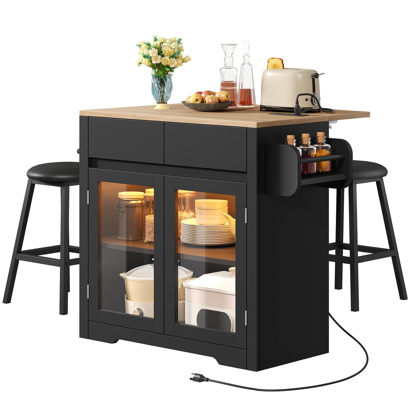 YITAHOME Rolling Kitchen island with Seating and LED Lights, Mobile Storage Islands with Drop Leaf, Dining Table with Power Outlet, 2 Drawers and Soft Stools, Spice/Towel Rack, Lacquered Finish, Black
