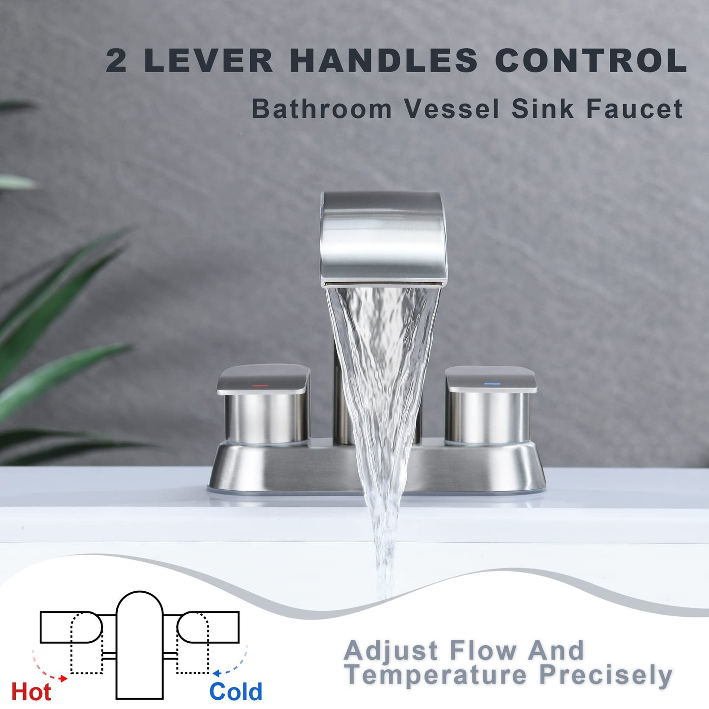 Ultimate Unicorn Waterfall Bathroom Sink Faucet Brushed Nickel, Two Handles Bathroom Faucet with Metal Pop up Sink Drain Stopper, Two Or 3 Holes Bathroom Basin Mixer Tap with Deck Mount Plate