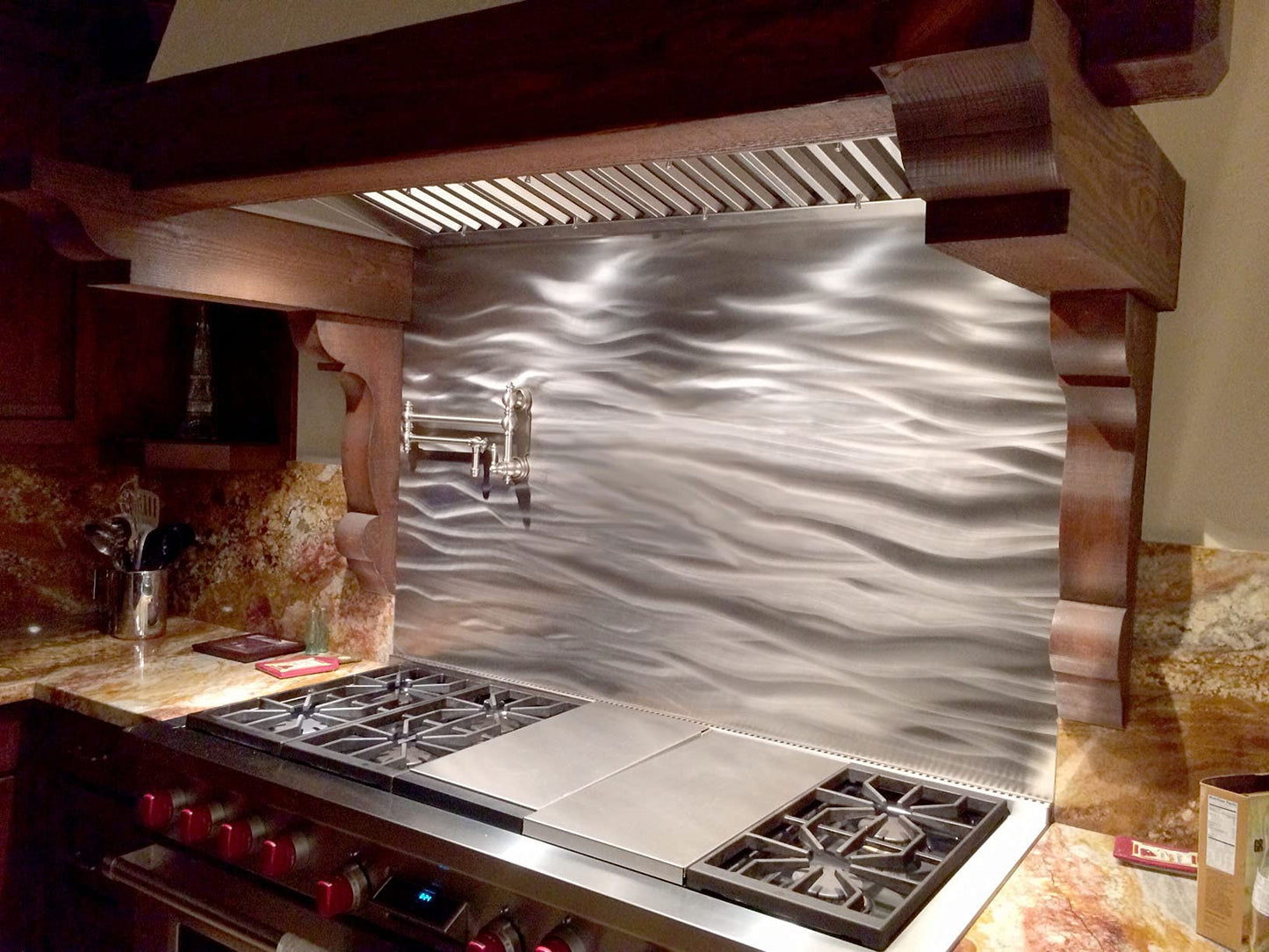 Currents Stainless Steel Kitchen Backsplash 24" x 30" - Beautiful, all stainless steel range backsplash with an engraved Currents pattern. Available in 24"x30", 24"x36", 24"x48", and 30"x48" sizes