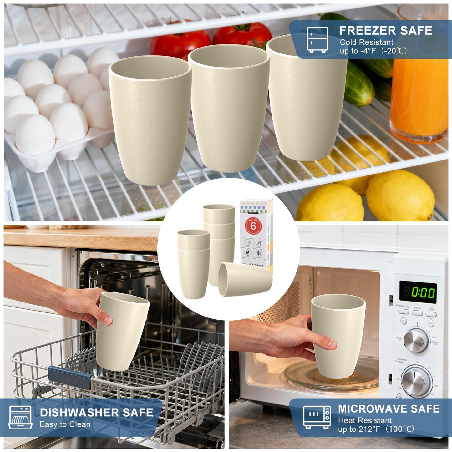 Perlapoc Wheat Straw Unbreakable Cups, Large Cups 20 OZ Set of 6, Alternative to Plastic Cups Reusable, Dishwasher Safe Tumblers & Water Glasses for Kitchen, Parties, Camping, RV, Beige