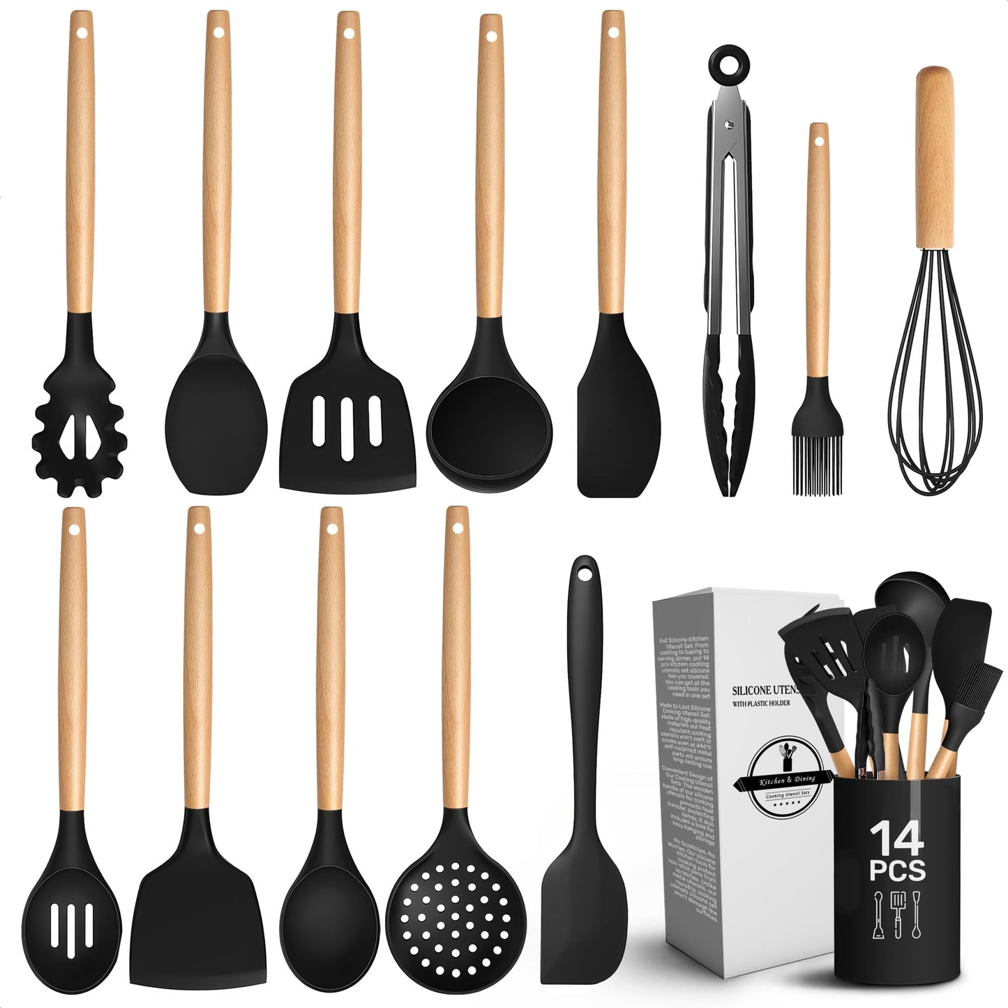 14 PCs Black Silicone Cooking Utensils Set with Holder - Versatile Kitchen Utensils with Sturdy Wooden Handles - Heat Resistance Silicone Kitchen Utensil Set with Holder for All Cooking & Baking Needs