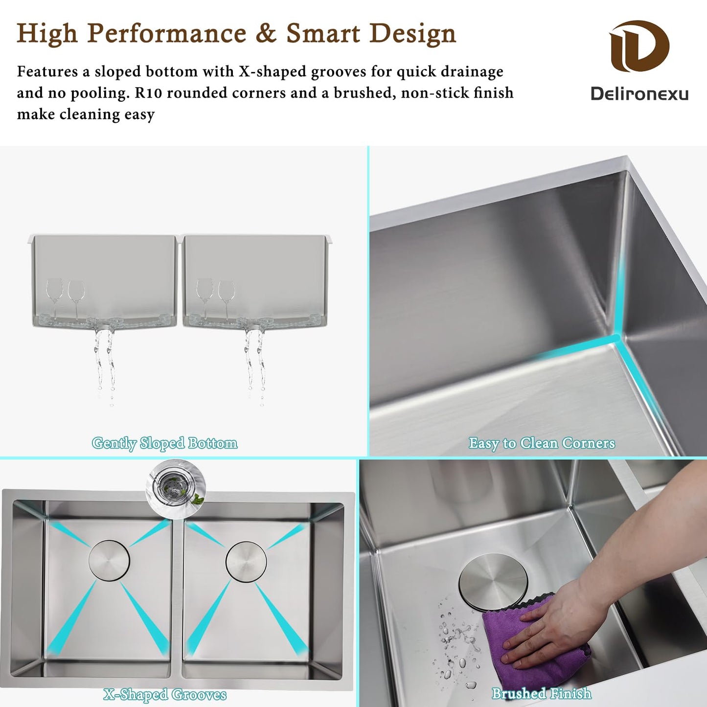 32 Inch Double Bowl Kitchen Sinks Undermount – Delironexu 16 Gauge Stainless Steel Kitchen Sink Double Bowl, 32x18 Undermount Kitchen Sink with Brushed Finish, 50/50 Double Sink
